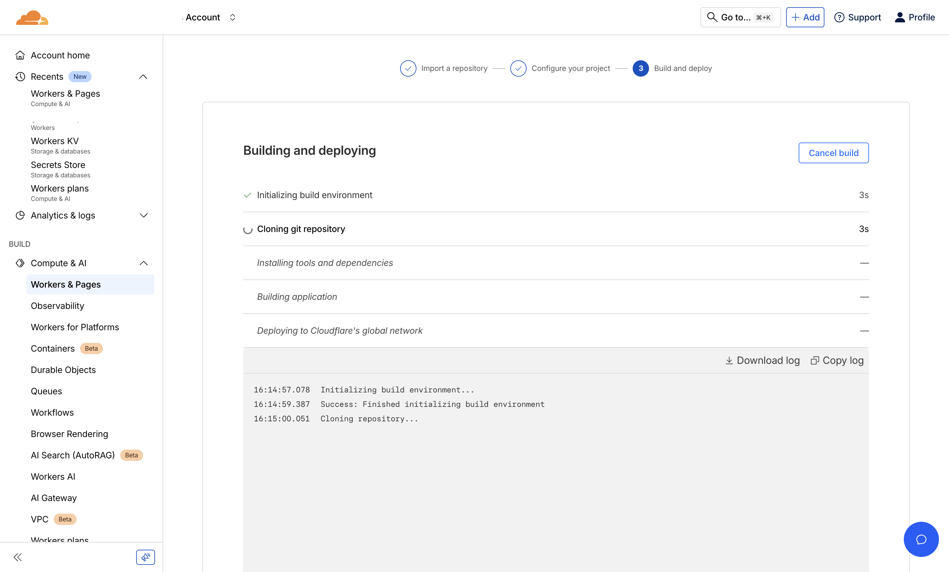 The worker's build and deployment screen on Cloudflare