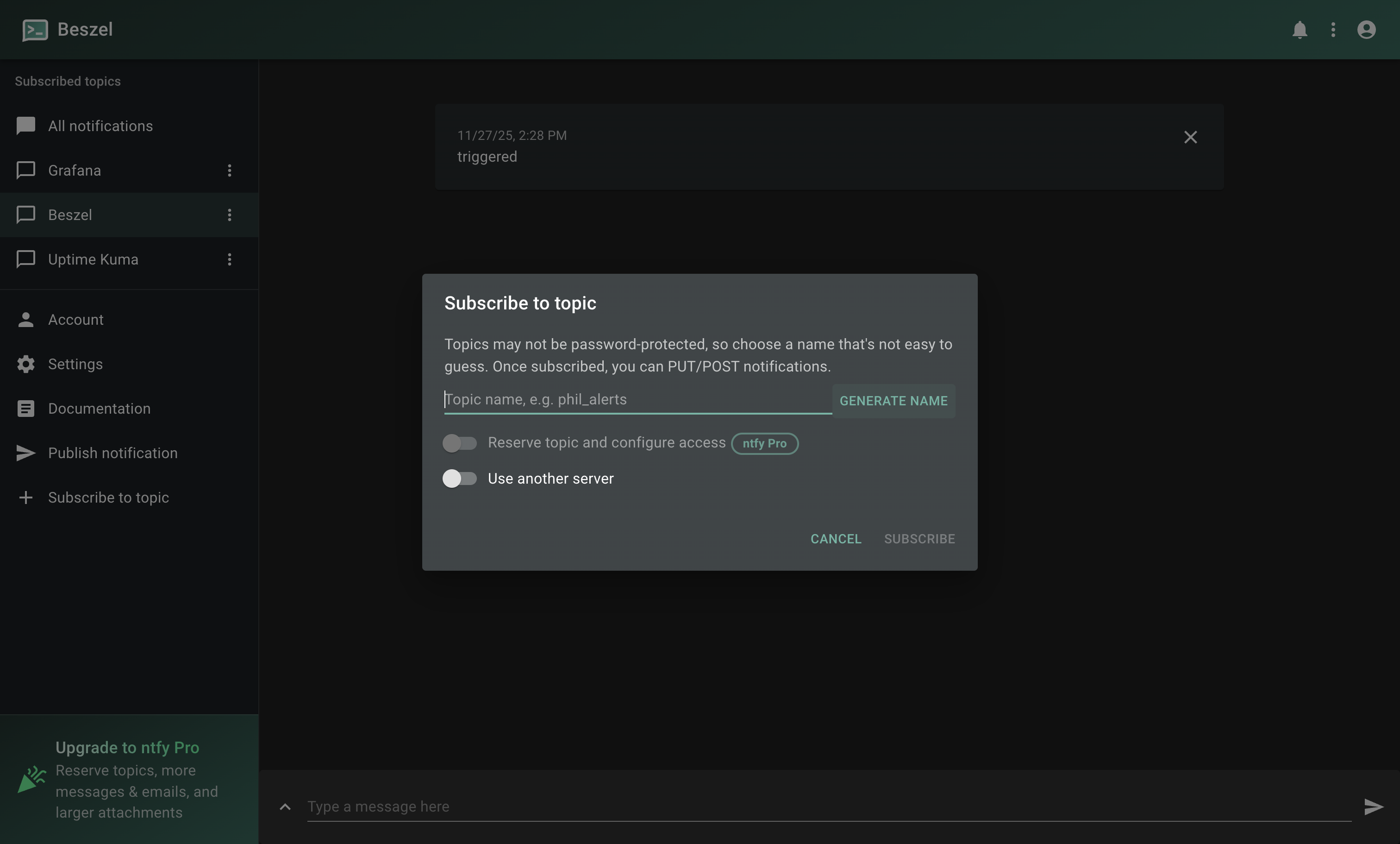 Topic creation on ntfy