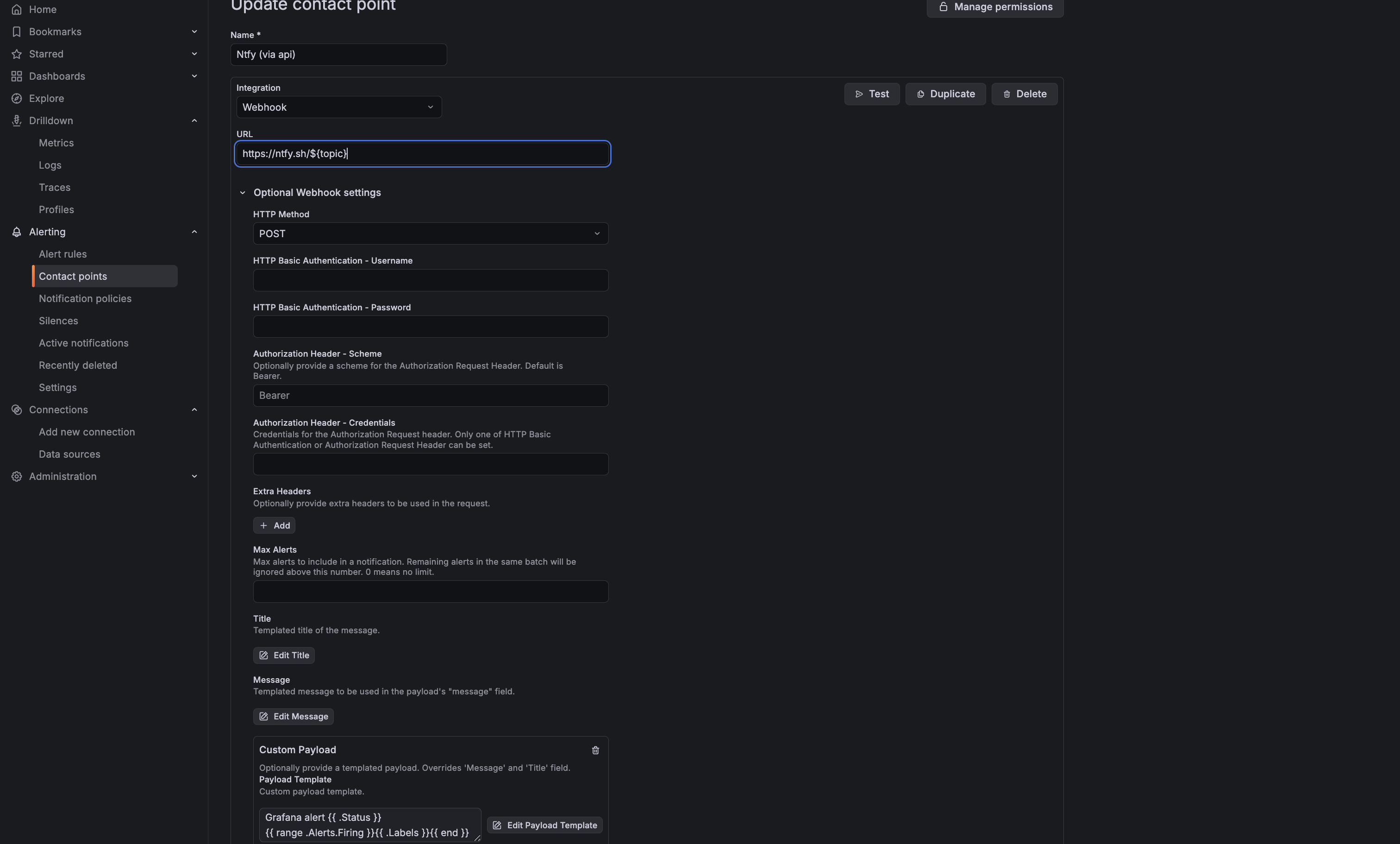 Grafana contact point, with webhook to Ntfy