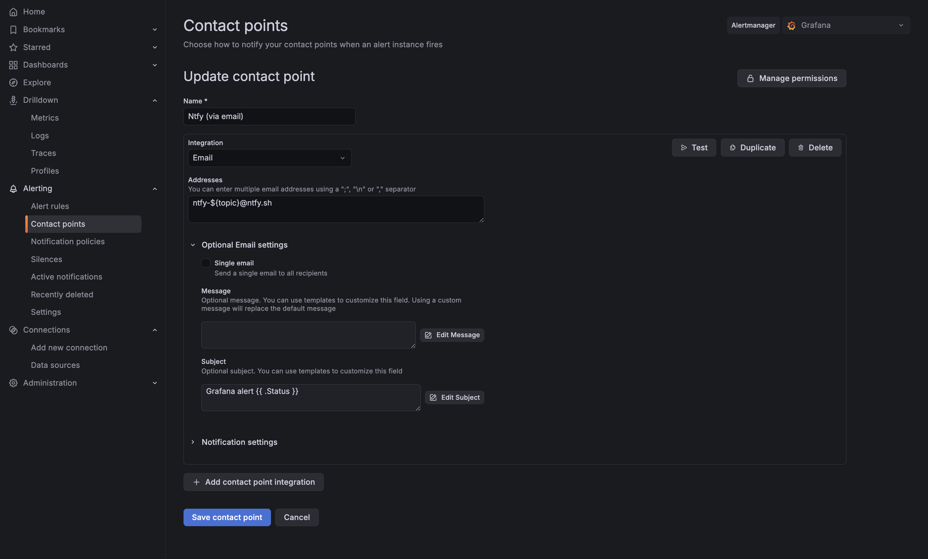 Grafana contact point, with email to Ntfy