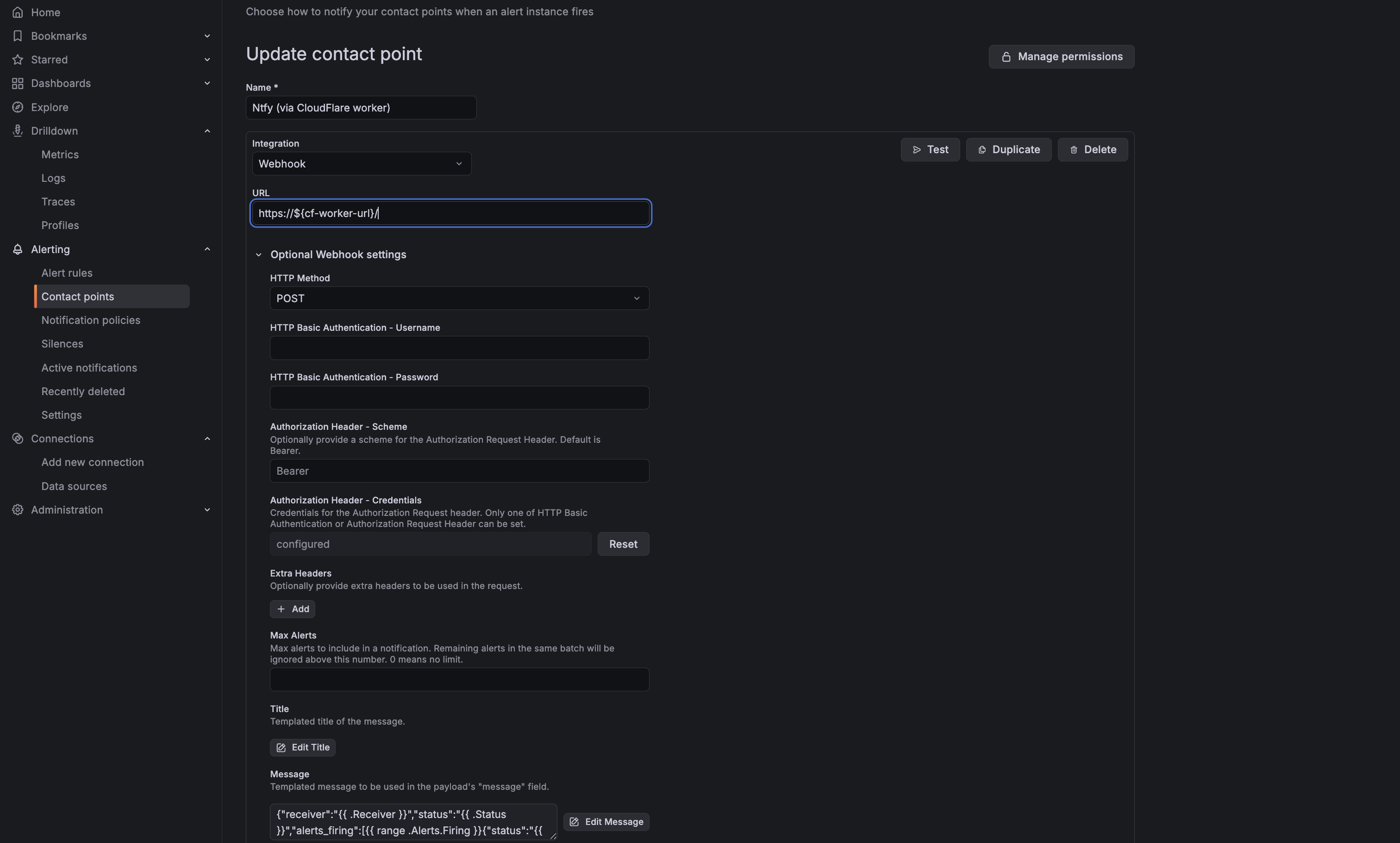 Grafana contact point that uses the Cloudflare worker