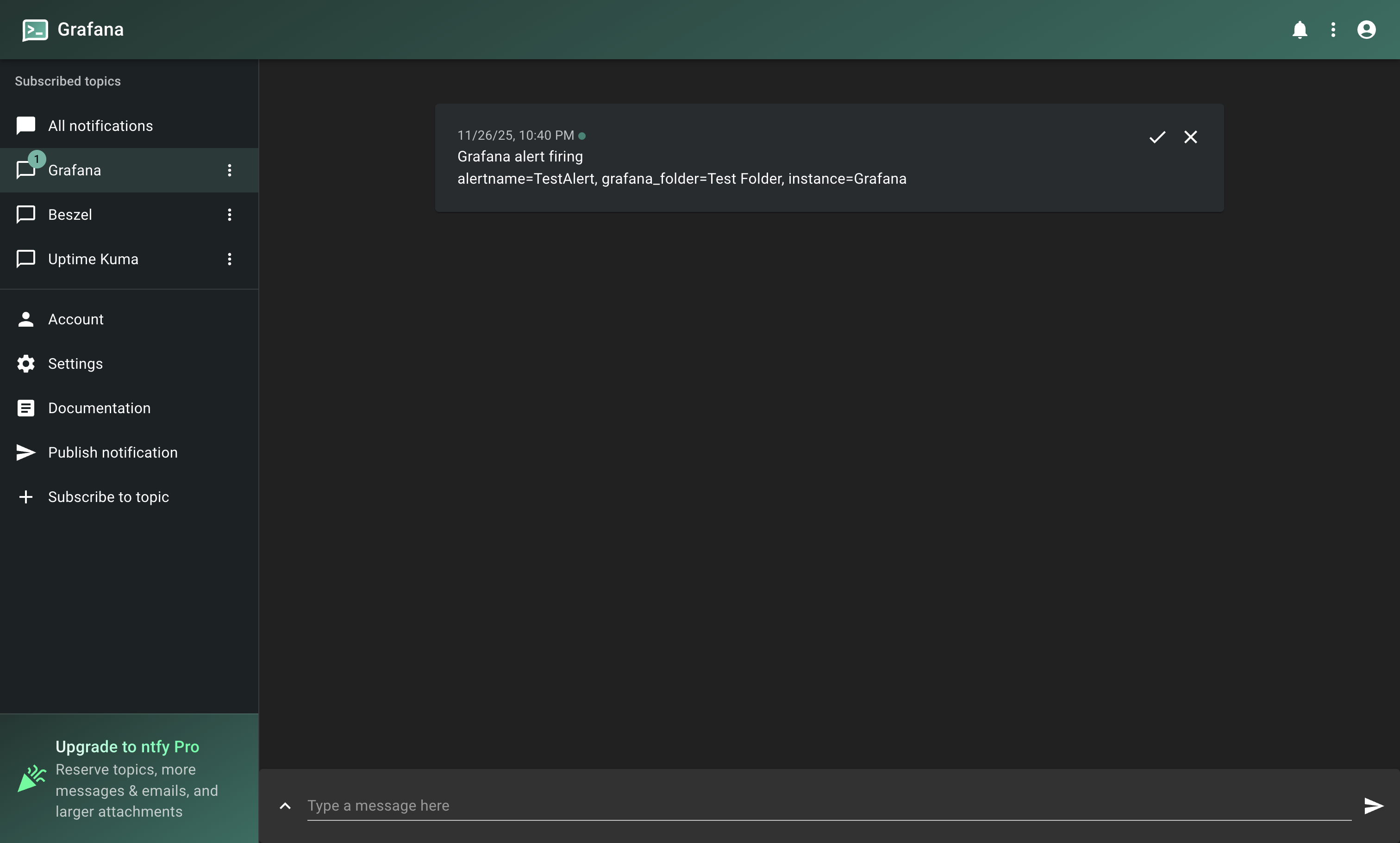 Notification received using ntfy api