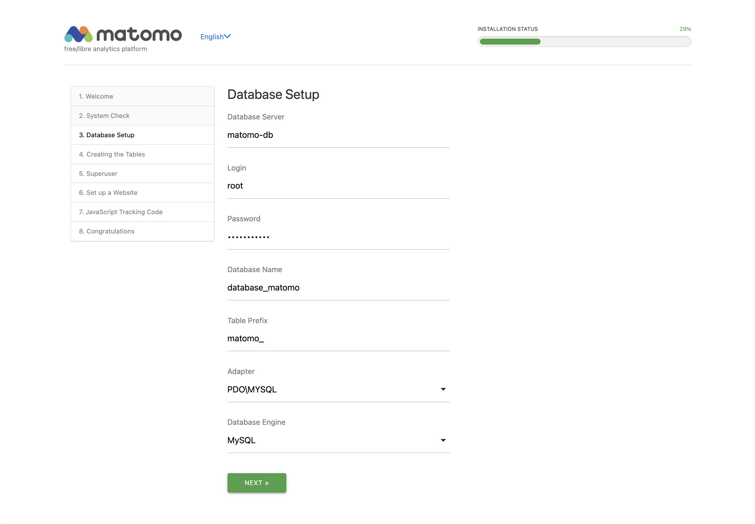 Second step of the Matomo setup, asking to fill database information