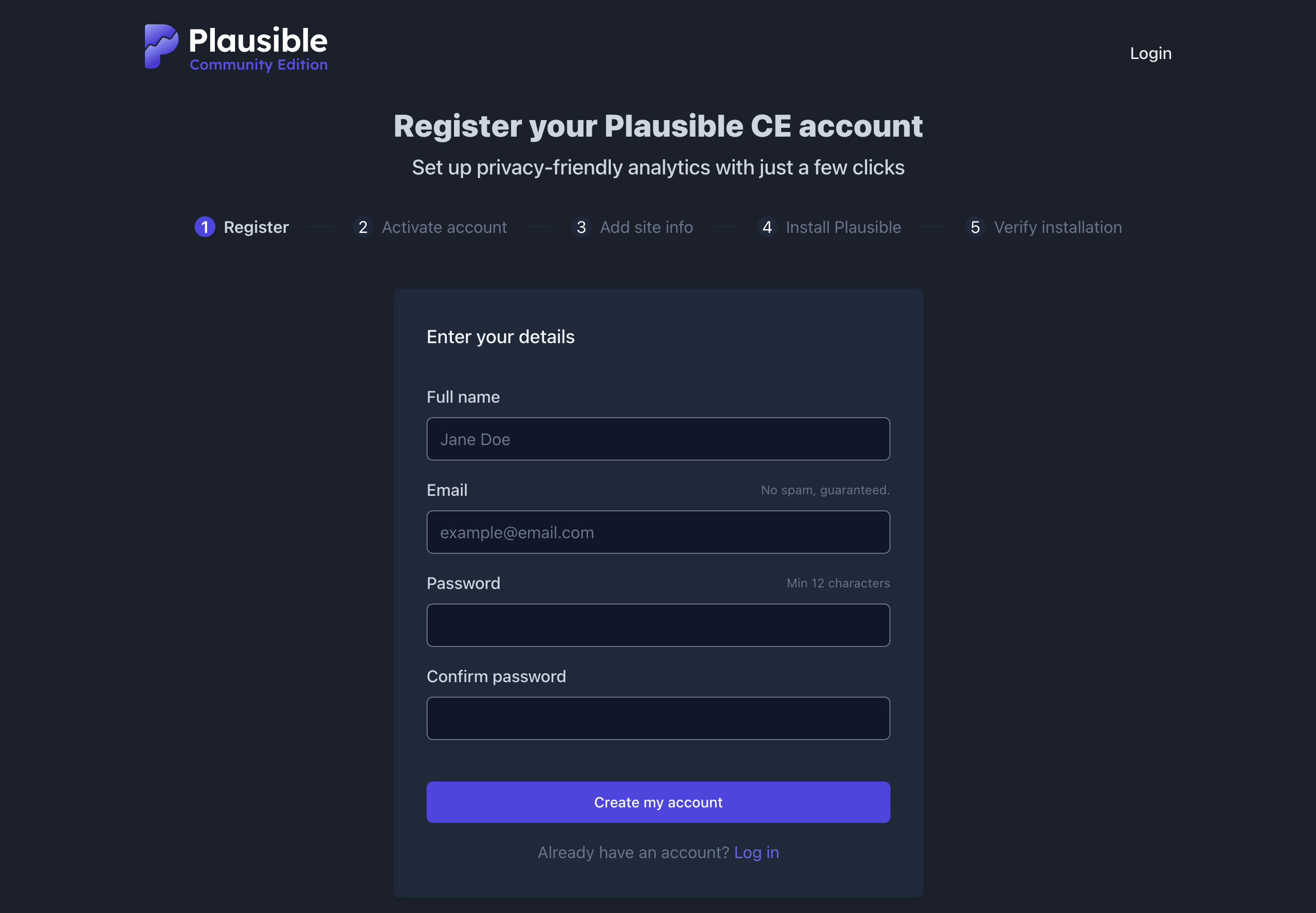 The first Plausible setup funnel screen displayed when we reach the dashboard for the first time
