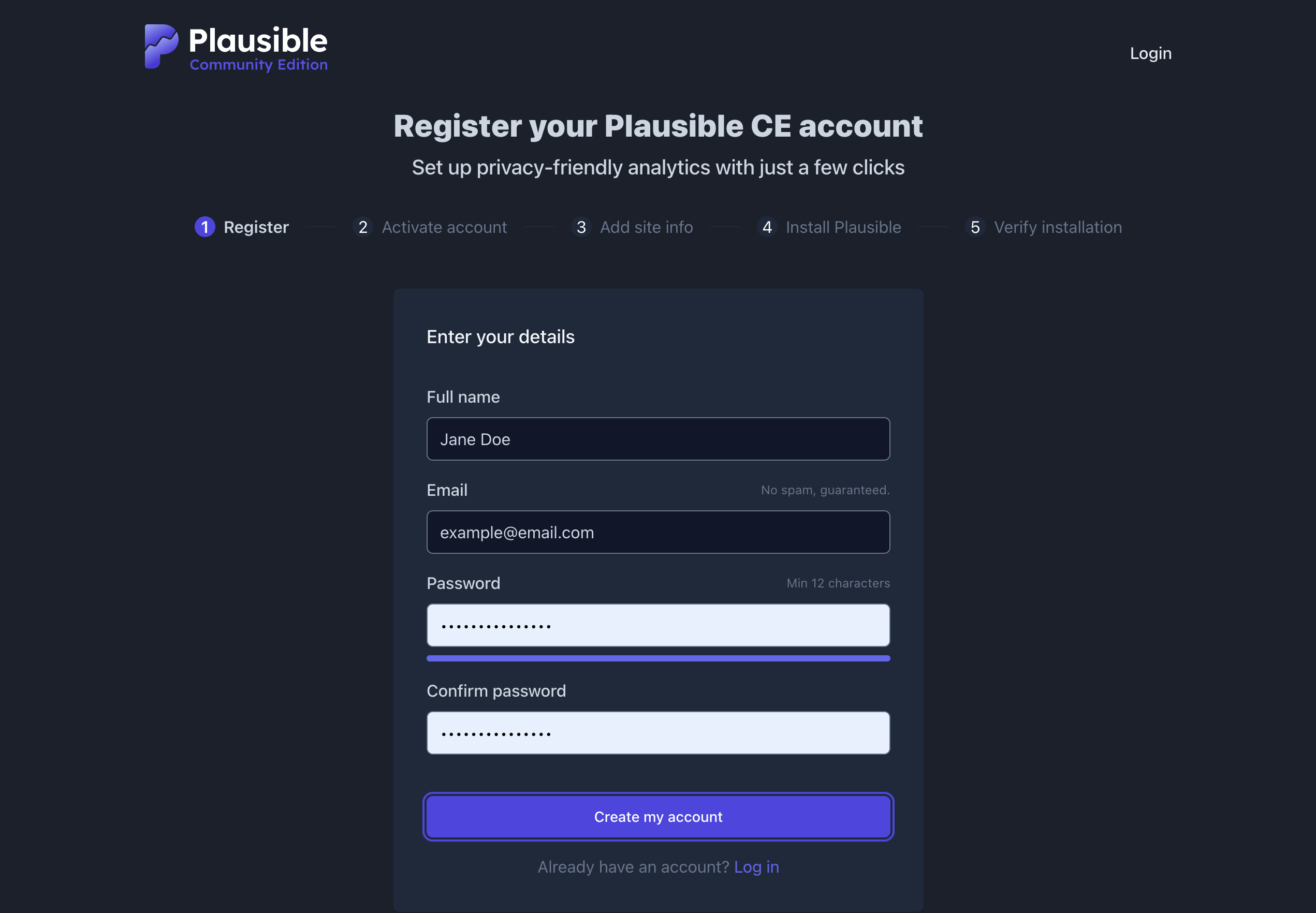 Back on the first Plausible setup funnel screen, with fields completed