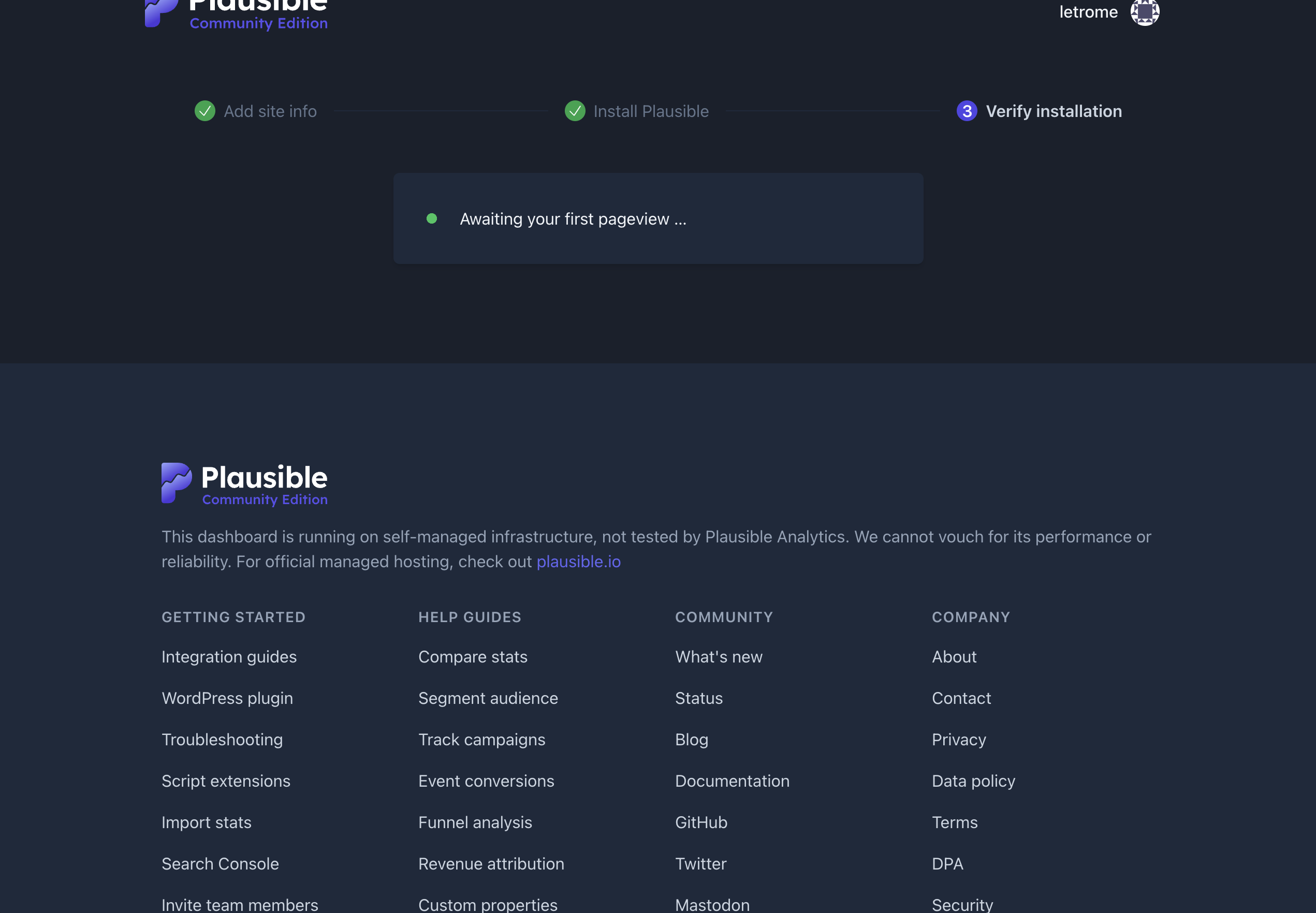 "Awaiting your first pageview ..." message, after having clicked on the button "Start collecting data"